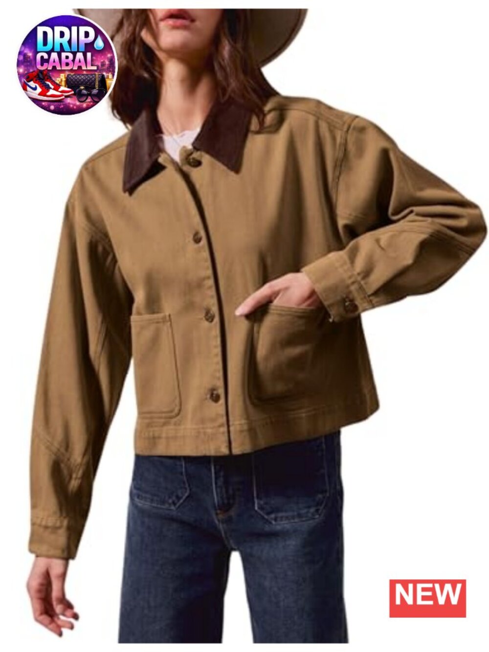 Women's Cropped Barn Jacket Button Down Cord Collar Pockets Work Outerwear